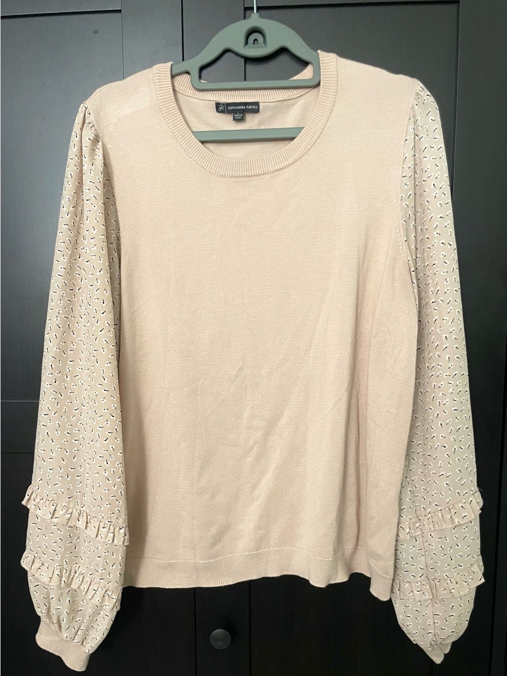 Adrianna Papell Cream Knit Sweater with Printed Puff Sleeves NWOT - L